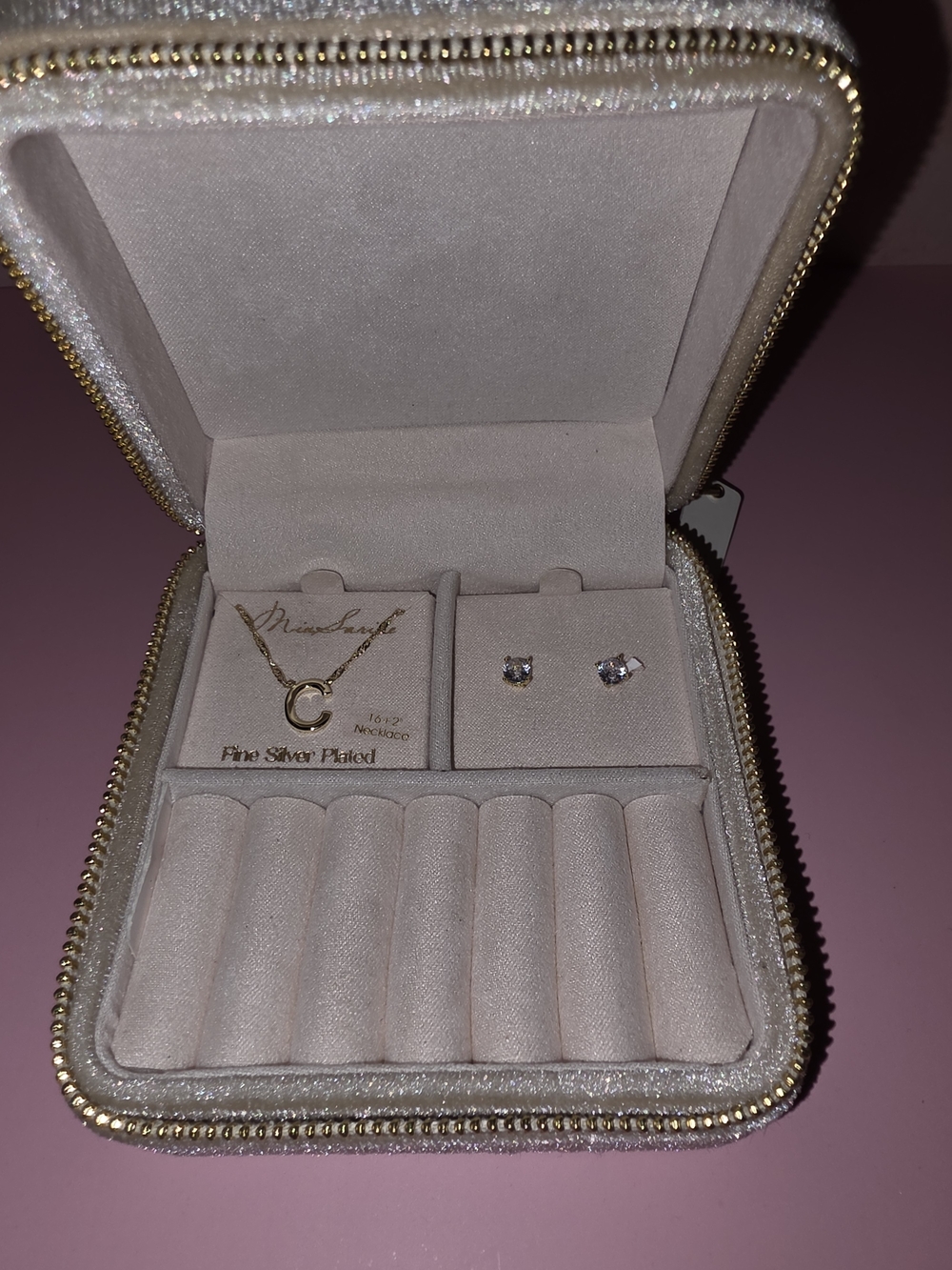 Gold Initial 'C' Necklace and Cubic Zirconia Stud Earrings Set - Gold